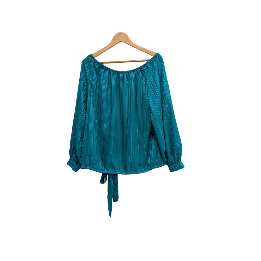 Vince Camuto Metallic Striped Off Shoulder Tie Hem Blouse XL Teal - Picture 3 of 8